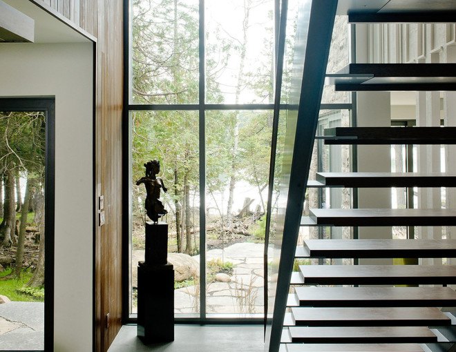Boom Town, Eric Joseph Tremblay, Canada, chalet, wooden cladding, cedar cladding, stone, natural materials, floor-to-ceiling windows, Canada, natural light, daylit spaces, mountain retreat