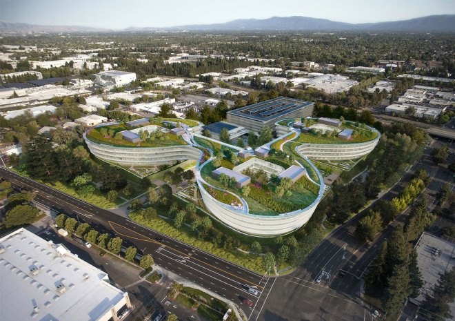 Sunnyvale, HOK Architects, Central & Wolfe Campus by HOK Architects, Central & Wolfe campus, Central & Wolfe Apple campus, Apple campus, green roof, Apple building, futuristic Apple campus, rooftop solar panels, LEED, Landbank Investments, notanotherbox, Apple spaceship campus