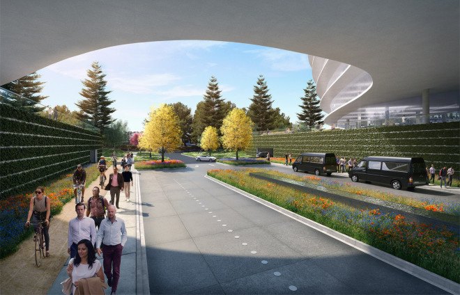 Sunnyvale, HOK Architects, Central & Wolfe Campus by HOK Architects, Central & Wolfe campus, Central & Wolfe Apple campus, Apple campus, green roof, Apple building, futuristic Apple campus, rooftop solar panels, LEED, Landbank Investments, notanotherbox, Apple spaceship campus