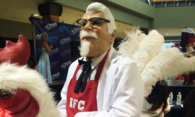 Chicken-riding Colonel Sanders, Colonel Sanders Halloween Costume, Fred Wilson, green halloween, DIY halloween costume, halloween costume contest, handmade halloween costume,