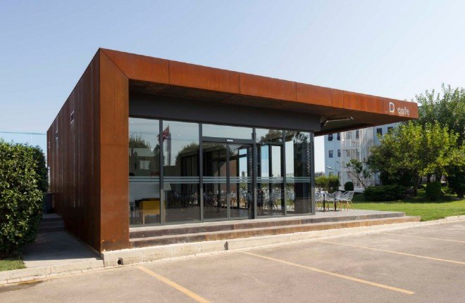 D Cafe, Dogus Automotive AS, Turkey, green interiors, recycled metal, metal facade, perforated facade, green architecture, natural lighting, floor-to-ceiling window