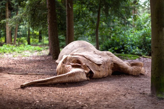Kevin van Braak, elephant sculpture, Elephant by Kevin van Braak, De Oude Warande, Rapture and Pain, Lustwarande, Lustwarande exhibition, Lustwarande Kevin van Braak, Baroque forest, Baroque park, elephant poaching,