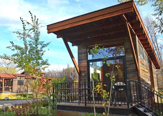 Fireside Resort, tiny house resort, test drive a tiny home, Wheelhaus tiny homes, tiny homes in Wyoming, sustainable tiny home resort, Wyoming tiny home resort, Tafline Laylin photos tiny houses, photos of tiny houses, Wheelhaus Wedge tiny house, Wheelhause Caboose tiny house, tiny house with a loft, tiny house resort Jackson Hole, Wilson tiny house