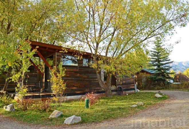 Fireside Resort, tiny house resort, test drive a tiny home, Wheelhaus tiny homes, tiny homes in Wyoming, sustainable tiny home resort, Wyoming tiny home resort, Tafline Laylin photos tiny houses, photos of tiny houses, Wheelhaus Wedge tiny house, Wheelhause Caboose tiny house, tiny house with a loft, tiny house resort Jackson Hole, Wilson tiny house