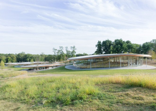 SANAA, Grace Farms cultural center, Connecticut, cultural center, glue laminated timber, aluminium, natural light, floor-toceiling windows, glass facade, OLIN, landscape architecture