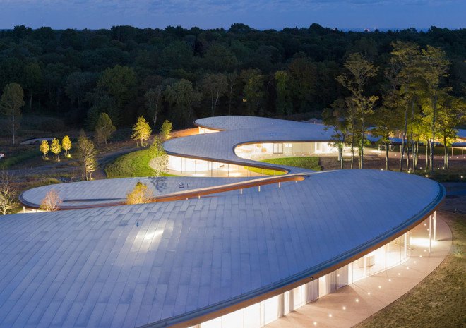 SANAA, Grace Farms cultural center, Connecticut, cultural center, glue laminated timber, aluminium, natural light, floor-toceiling windows, glass facade, OLIN, landscape architecture