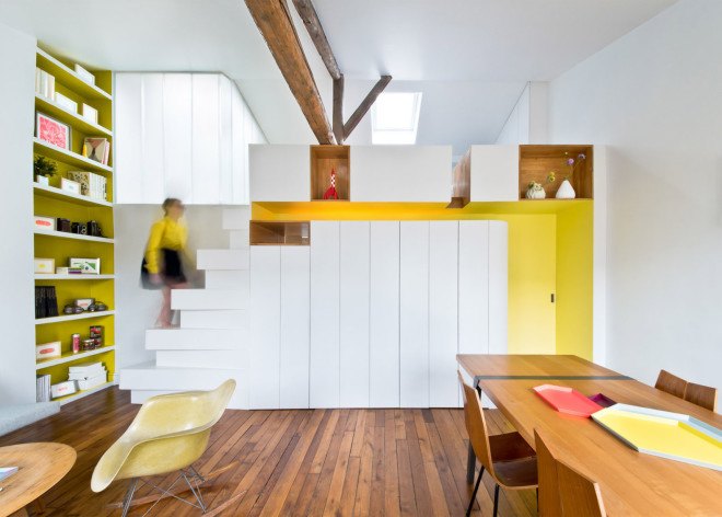 Hike apartment, SABO Project, Paris, green renovation, green interiors, herb garden, vertical garden, multifunctional furniture, small spaces, mezzanine, smart spaces