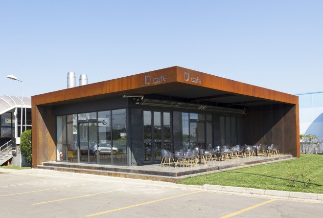 D Cafe, Dogus Automotive AS, Turkey, green interiors, recycled metal, metal facade, perforated facade, green architecture, natural lighting, floor-to-ceiling window