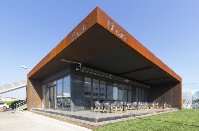 D Cafe, Dogus Automotive AS, Turkey, green interiors, recycled metal, metal facade, perforated facade, green architecture, natural lighting, floor-to-ceiling window