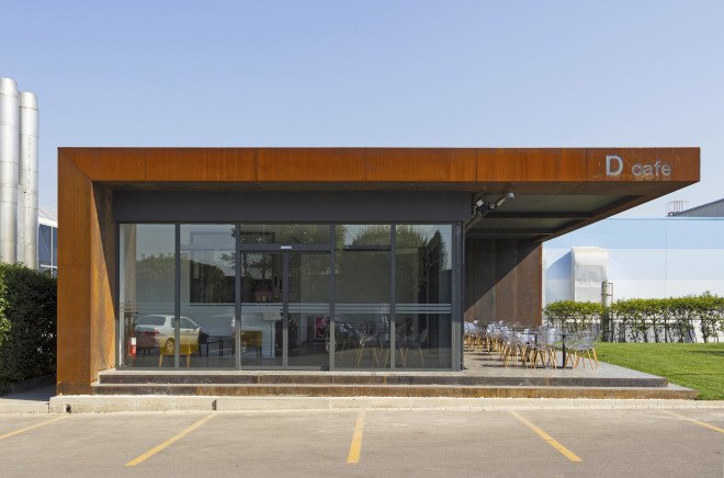 D Cafe, Dogus Automotive AS, Turkey, green interiors, recycled metal, metal facade, perforated facade, green architecture, natural lighting, floor-to-ceiling window