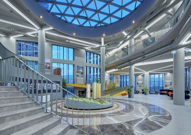 ONS İNCEK, Ankara, Turkey, showroom complex, Yazgan Design Architecture, glass facade, mouck-up apartments, office building, colored glass panels, indoor gardens