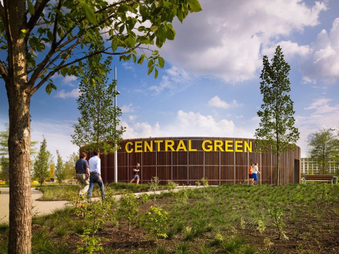 Central Green, stormwater runoff, Social Track, James Corner Field Operations, Philadelphia Navy Yard, Philadelphia Navy Yard Corporate Center, Philadelphia Navy Yard Central Green by James Corner Field Operations, native landscaping, native plants, Philadelphia park, office park