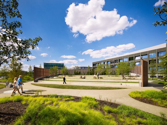 Central Green, stormwater runoff, Social Track, James Corner Field Operations, Philadelphia Navy Yard, Philadelphia Navy Yard Corporate Center, Philadelphia Navy Yard Central Green by James Corner Field Operations, native landscaping, native plants, Philadelphia park, office park