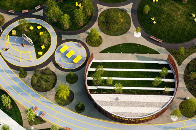 Central Green, stormwater runoff, Social Track, James Corner Field Operations, Philadelphia Navy Yard, Philadelphia Navy Yard Corporate Center, Philadelphia Navy Yard Central Green by James Corner Field Operations, native landscaping, native plants, Philadelphia park, office park