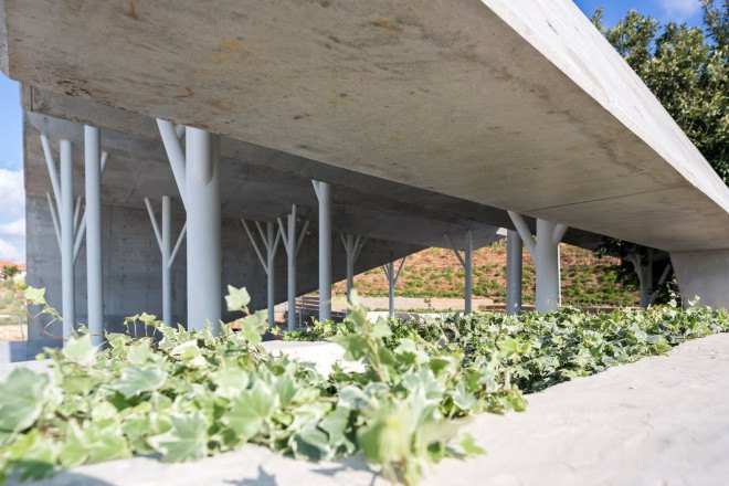 shelter, Israel, meeting space, Ron Shenkin, religious architecture, concrete canopy, cemetery, concrete slap, metal structure, metal pillars, canopy, open-space structure