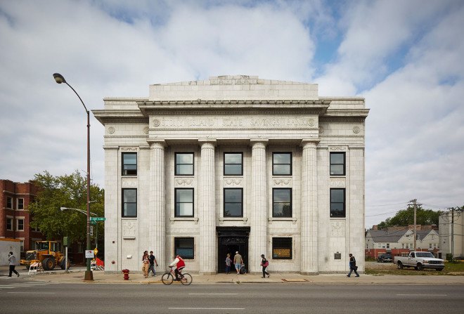 Stony island Ars Bank, Chicago, Chicago Architecture Biennial, Rebuild Foundation, green renovation, community space, library, music venue, gallery space