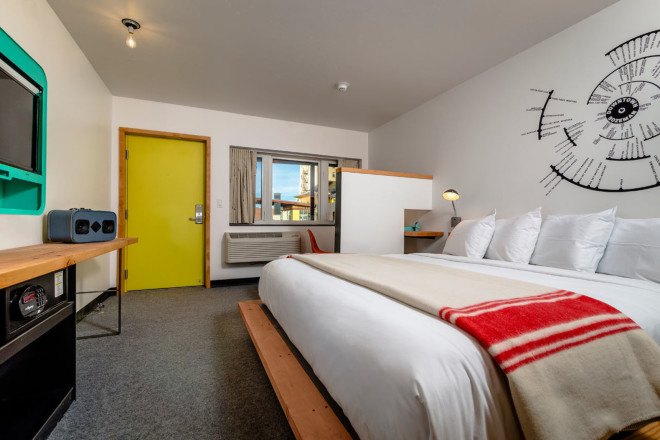 green renovation, The LARK, hotel, green hotel, Montana, Bozeman, local community, local artwork, fireplace, open-space patio, vintage design