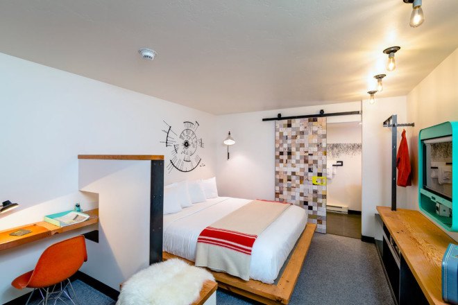 green renovation, The LARK, hotel, green hotel, Montana, Bozeman, local community, local artwork, fireplace, open-space patio, vintage design
