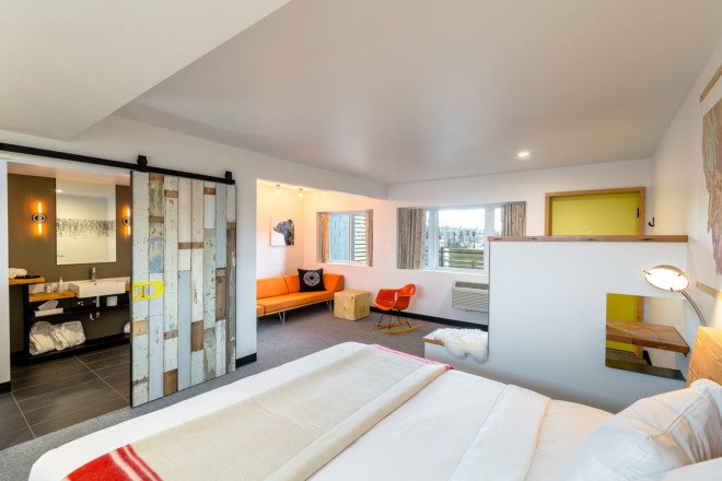 green renovation, The LARK, hotel, green hotel, Montana, Bozeman, local community, local artwork, fireplace, open-space patio, vintage design