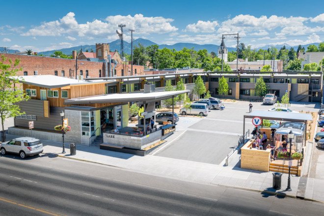 green renovation, The LARK, hotel, green hotel, Montana, Bozeman, local community, local artwork, fireplace, open-space patio, vintage design
