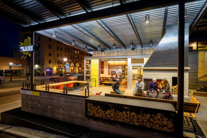 green renovation, The LARK, hotel, green hotel, Montana, Bozeman, local community, local artwork, fireplace, open-space patio, vintage design