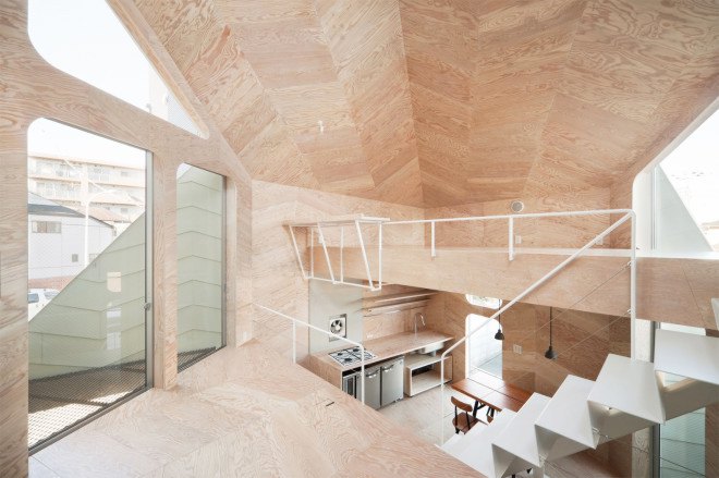 Tsubomi House, Flathouse, Bud house, Yotsuha Cookie Shop, working from home, work life balance, work at home, open plan, tiny home, split level, multilevel, small footprint, Tokyo, Japan, Japanese tiny homes, plywood, home business, architecture, stacked home, stacked building