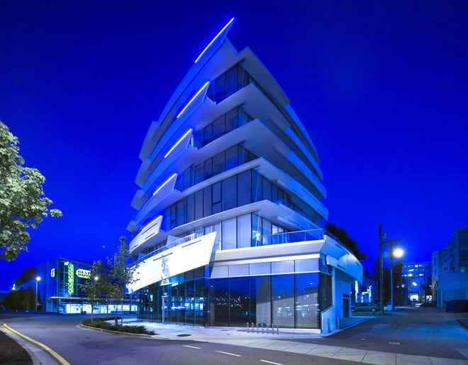 South Creek Landing, Arno Matis Architecture, Vancouver, Canada, sun shading, solar shading, solar design, green architecture, mixed-use building, smart facade, concrete, natural light
