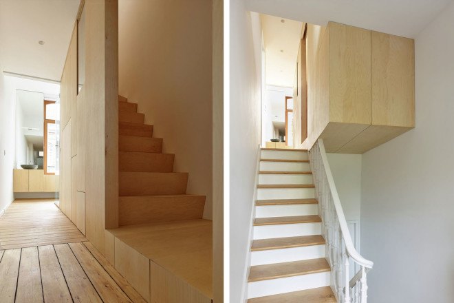 Edouard Brunet, François Martens, Maison De Tière, green renovation, Brussels, mezzanine, cantilever, apartment renovation, birch wood, small spaces, natural light