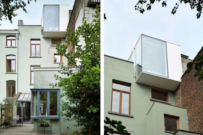 Edouard Brunet, François Martens, Maison De Tière, green renovation, Brussels, mezzanine, cantilever, apartment renovation, birch wood, small spaces, natural light