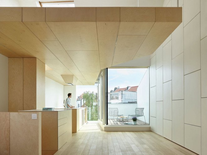 Edouard Brunet, François Martens, Maison De Tière, green renovation, Brussels, mezzanine, cantilever, apartment renovation, birch wood, small spaces, natural light
