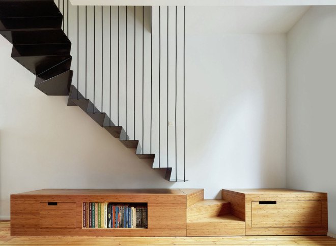 Edouard Brunet, François Martens, Maison De Tière, green renovation, Brussels, mezzanine, cantilever, apartment renovation, birch wood, small spaces, natural light