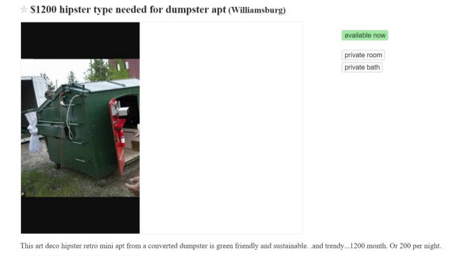 Craigslist Dumpster Apartment, tiny homes, tiny apartments nyc, nyc real estate, craigslist nyc, odd homes nyc, apartments nyc, architecture, small apartments, green living, green design, dumpster living, sustainable design, ultimate sustainable design