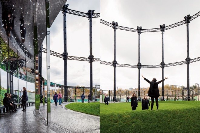 gas works, adaptive reuse, Gasholder Park, Gasholder Park by Bell Phillips Architects, Siamese Triplet gasholders, mixed use development, Hari Phillips, Bell Phillips Architects, King’s Cross, London, park, Dan Pearson Studio