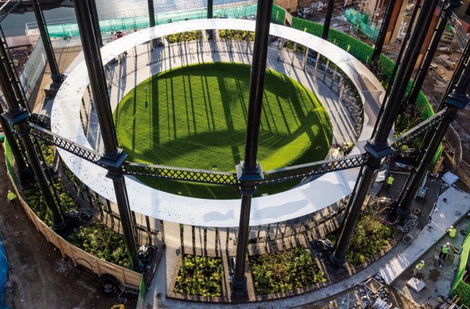 gas works, adaptive reuse, Gasholder Park, Gasholder Park by Bell Phillips Architects, Siamese Triplet gasholders, mixed use development, Hari Phillips, Bell Phillips Architects, King’s Cross, London, park, Dan Pearson Studio