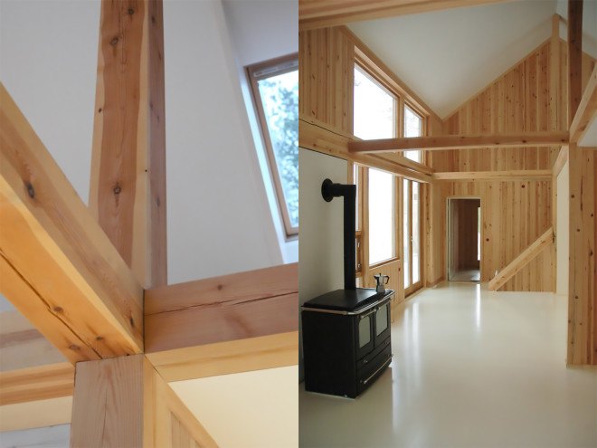 Gunnar Bloch Røsand, Gunnar’s House, timber cabin, pine cabin, cabin, Os i Østerdalen, Huus og Heim Arkitektur, Gunnar’s House by Huus og Heim Arkitektur, double-height room, double-height space, open plan, gabled end wall, gabled house,