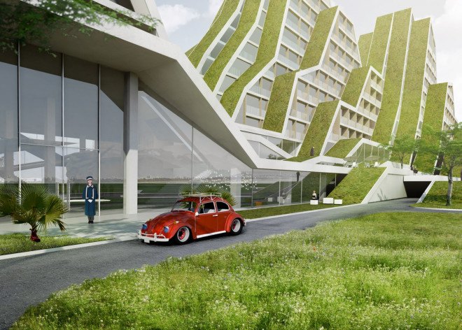 Hualien Wellness & Residential development, Taiwan, BIG, Bjarke Ingels Group, green roof, holiday home, active lifestyle, floor-to-ceiling windows, vernacular architecture, green architecture