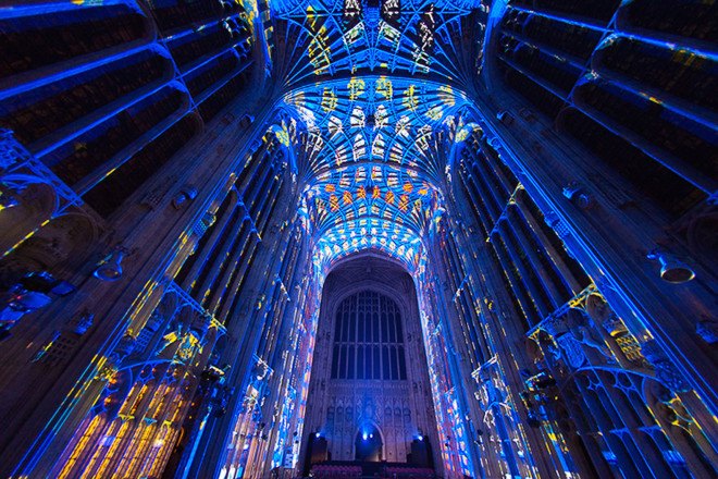 Miguel Chevalier, projection mapping, historic building, Cambridge, art installation, light installation, temporary art installation, art projections