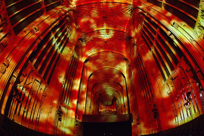 Miguel Chevalier, projection mapping, historic building, Cambridge, art installation, light installation, temporary art installation, art projections