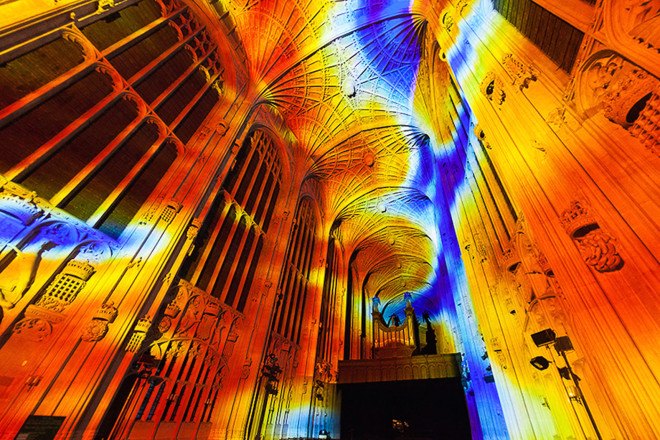 Miguel Chevalier, projection mapping, historic building, Cambridge, art installation, light installation, temporary art installation, art projections