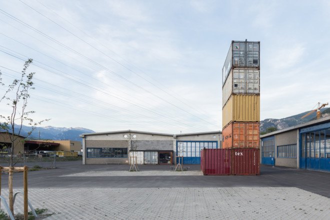 Savioz Fabrizzi Architects, Le Port Franc, Le Port Franc by Savioz Fabrizzi Architects, music venue, shipping containers, shipping container architecture, cargotecture, Sion, Le Port Franc sion, concert hall, shipping container music hall, shipping container bar,