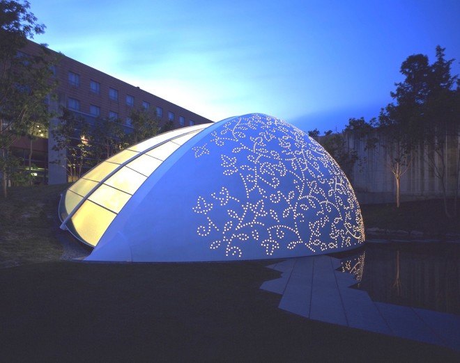 Leaf Chapel, Leaf Chapel by Klein Dytham Architecture, Klein Dytham Architecture, perforations, perforated steel, leaf-inspired architecture, leaf shaped architecture, blackened timber, wedding chapel, chapel, Japanese wedding chapel, black granite, Risonare Resort, Kobuchizawa