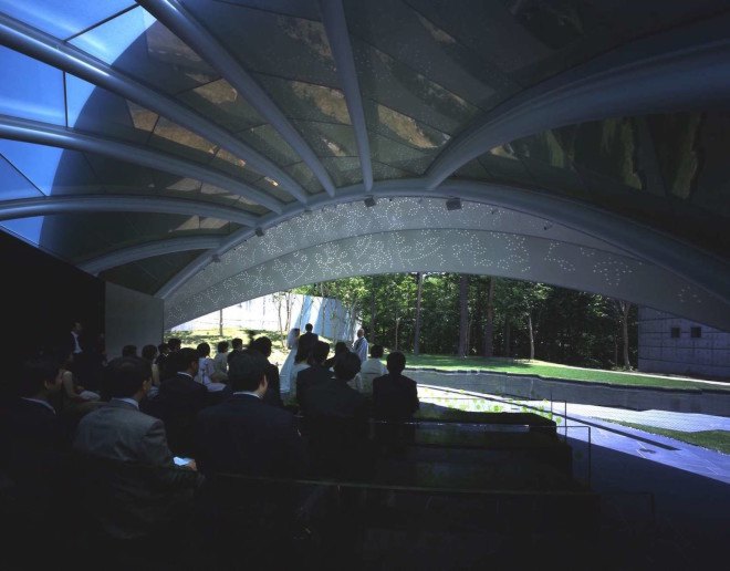 Leaf Chapel, Leaf Chapel by Klein Dytham Architecture, Klein Dytham Architecture, perforations, perforated steel, leaf-inspired architecture, leaf shaped architecture, blackened timber, wedding chapel, chapel, Japanese wedding chapel, black granite, Risonare Resort, Kobuchizawa