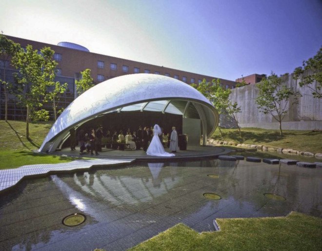 Leaf Chapel, Leaf Chapel by Klein Dytham Architecture, Klein Dytham Architecture, perforations, perforated steel, leaf-inspired architecture, leaf shaped architecture, blackened timber, wedding chapel, chapel, Japanese wedding chapel, black granite, Risonare Resort, Kobuchizawa