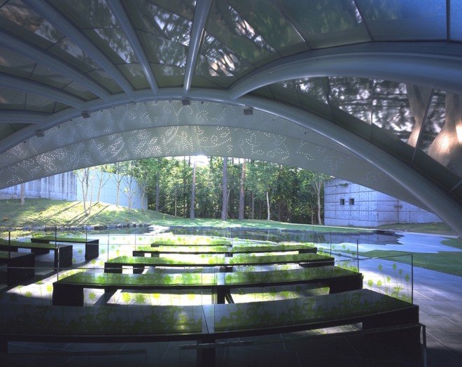 Leaf Chapel, Leaf Chapel by Klein Dytham Architecture, Klein Dytham Architecture, perforations, perforated steel, leaf-inspired architecture, leaf shaped architecture, blackened timber, wedding chapel, chapel, Japanese wedding chapel, black granite, Risonare Resort, Kobuchizawa