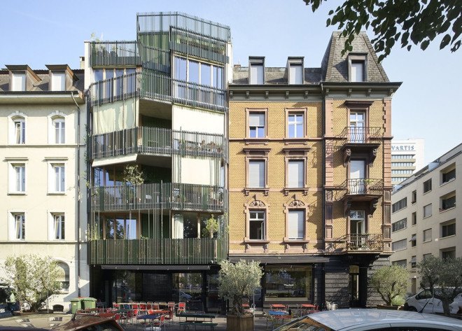 HHF Architects, Lichtstrasse, Basel, Switzerland, green renovation, courtyard, trellis design, metal facade