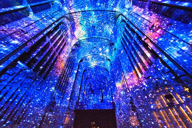 Miguel Chevalier, projection mapping, historic building, Cambridge, art installation, light installation, temporary art installation, art projections