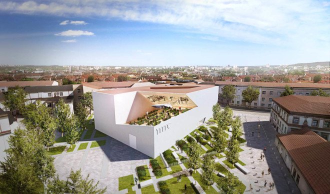 Studio Libeskind, New Lithuanian Modern Art Center, Vilnius, Lithuania, art museum, courtyard, green roof, green architecture, exhibition spaces, natural light, public plaza