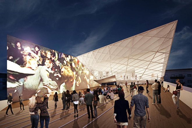 Studio Libeskind, New Lithuanian Modern Art Center, Vilnius, Lithuania, art museum, courtyard, green roof, green architecture, exhibition spaces, natural light, public plaza