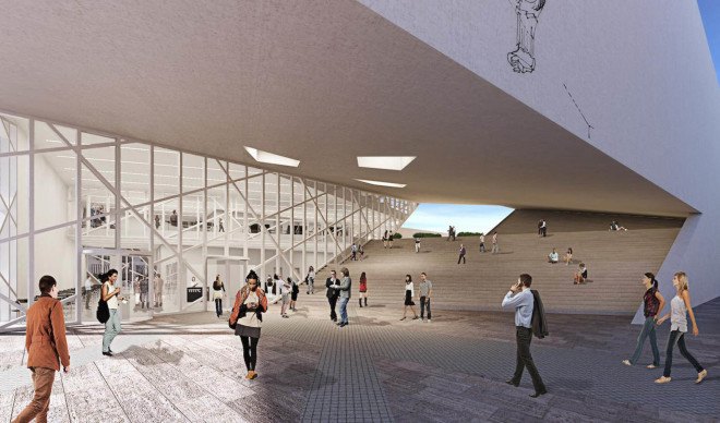 Studio Libeskind, New Lithuanian Modern Art Center, Vilnius, Lithuania, art museum, courtyard, green roof, green architecture, exhibition spaces, natural light, public plaza