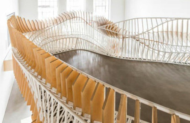 Oyler Wu Collaborative, 3DS Culinary Lab, twisty staircase, 3d printing, CNC- milled sheets, 3d printed food, staircase design, innovative staircases, 3d printed design, green design, steel staircases, wooden staircases,